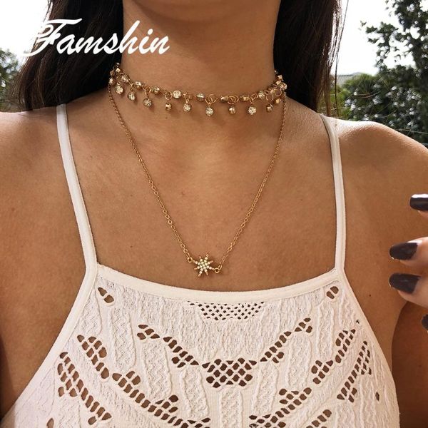 

pendant necklaces famshin boho jewelry double layer crystal beads choker for women 2021 fashion mans star necklace gifts, Silver