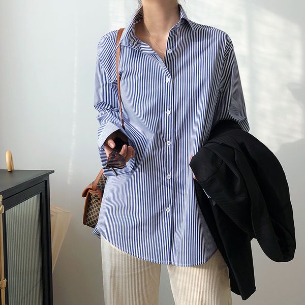 

2021 new summer cotton chic blue white striped women and blouses shirt blusas roupa feminina hb4p, Black;white