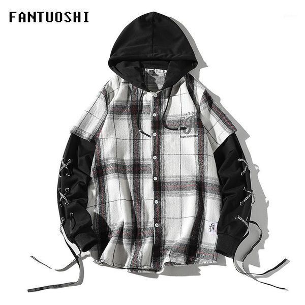

long sleeve plaid shirt men casual shirt new spring autumn hooded cotton fake two-piece stitching men's size 4xl1, White;black