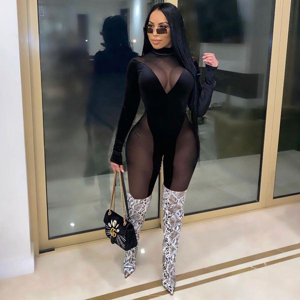 

women sheer mesh patchwork velvet jumpsuit turtleneck long sleeve skinny shorts romper fashion night club playsuit, Black;white