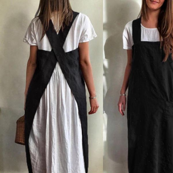 

women vintage side pockets apron linen dress female autumn black vestidos mujer 2021 new fashion sleeveless solid color dress, Black;gray