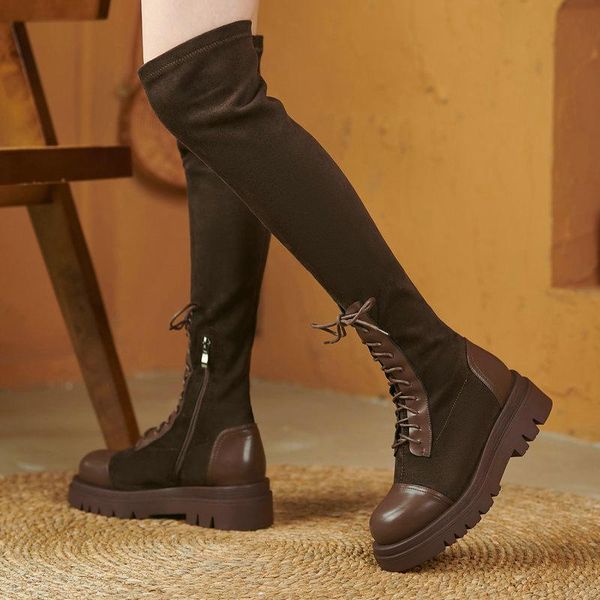 

boots over the knee for women genuine leather cross tied shoes woman heels 2021 fall winter night club high, Black