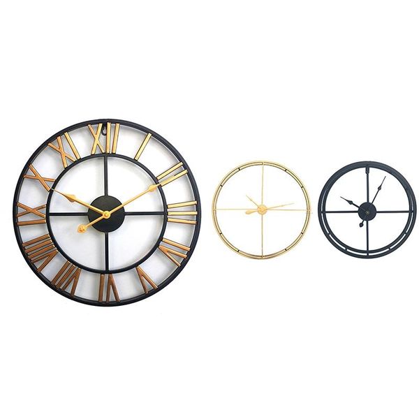 

1pcs wall decoration wrought iron alarm clock retro wall clock 3d round roman hollow iron bar quiet decorative