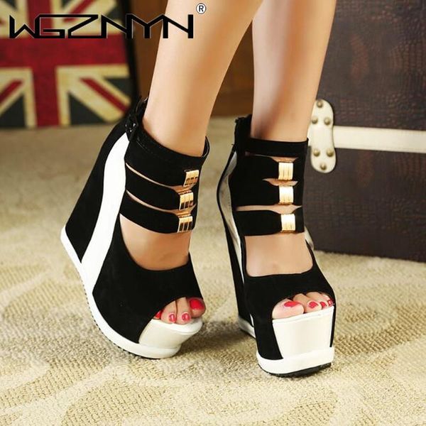 

buckle wedge waterproof platform women's sandals high heels slip ons gladiator roman shoes banquet wedding zipper women's shoes, Black