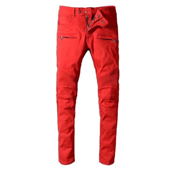 

2021 new men's male autumn winter style american street fashion casual stitching red jeans slim motorcycle denim pants trousers pbo2, Blue