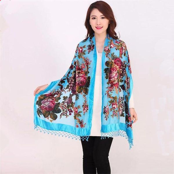 

scarves flowers chinese female velvet silk beaded shawls handmade embroidery scarf long fringe pashmina stole chal, Blue;gray