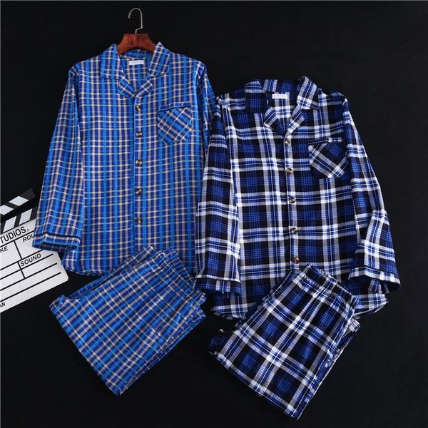

men's new plaid printed cotton brushed lapel button sleep pajamas pants home wear 2-piece set sleepwear pijamas familiares, Black;brown