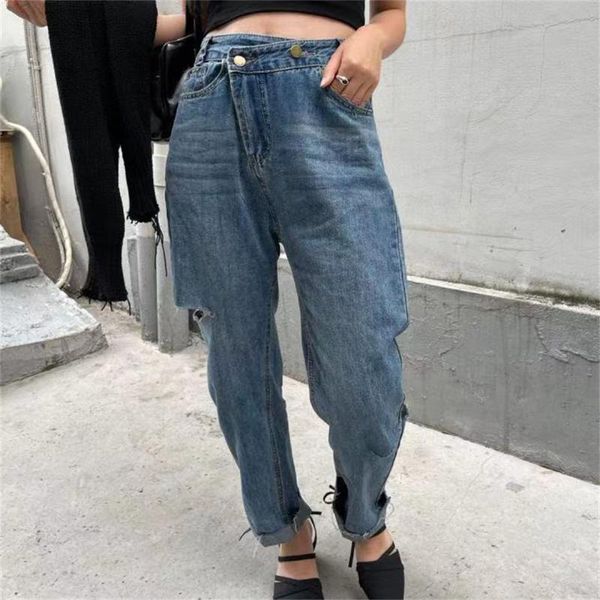 

women's jeans hzirip hole harem denim trousers loose high waist cowboy 2021 streetwear casual plus size women autumn full length pants, Blue