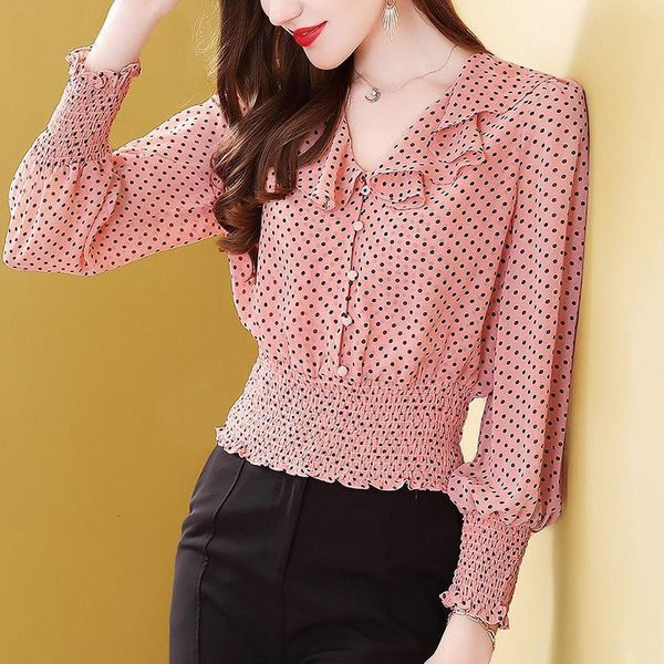 

womens spring summer style chiffon sleeveless shirt womens ruffled neck polka dot patchwork elegant long sleeve casual dd8397, White