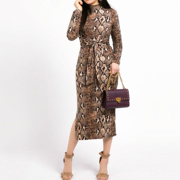 

snake print long sleeve dress slim cut women's hip wrap dress, Black;red