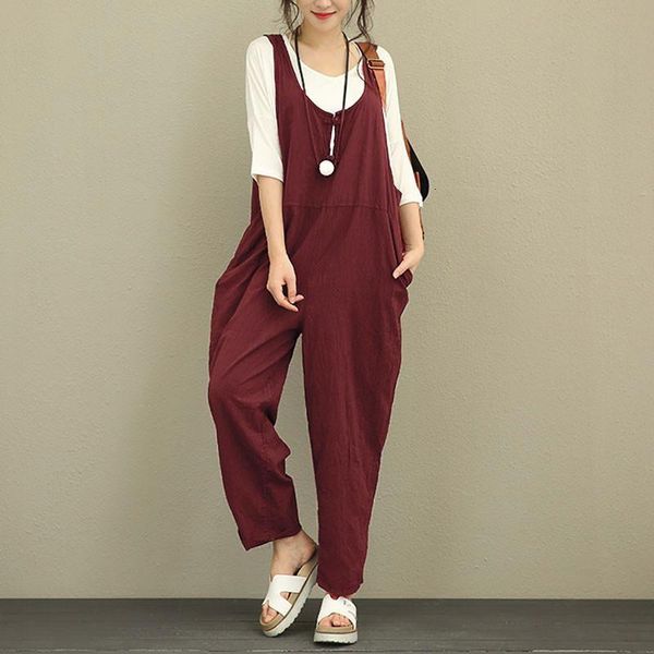 

women's jumpsuits & rompers fashion retro cotton linen womens 2021 female backless overalls playsuit plus size pantalon, Black;white