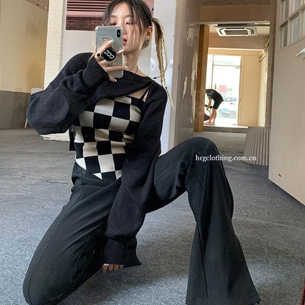 

women's sweaters seeslim gothic irregular knitted black pullover sweater women+checkerboard camis tank y2k korean style autumn 2021 ju, White;black