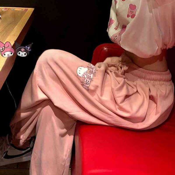 

kawaii cartoon print pink womens capri joggers sports soft girl style oversize jogging sweatpants baggy loose wide trousers, Black;white