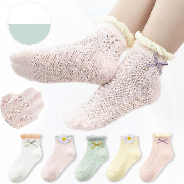 

2021 summer new baby girls socks 5pairs children bowknot socks short cotton breathable thin mesh kids, Pink;yellow