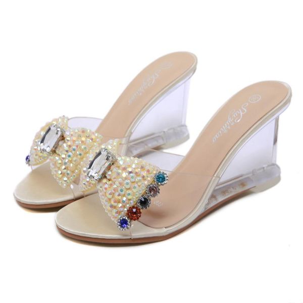 

summer transparent wedge heel women sandals crystal diamond bow female pumps open toe sweet office party women high heels, Black