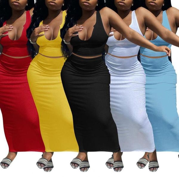 

casual dresses u neck backless outfit suit two piece set maxi skirt crop streetwear, Black;gray