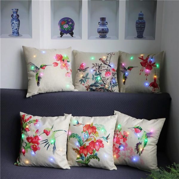 

pillow case led light cusion cover chinese style waterproof fabric flowers birds zip opern for living room car sofa chair