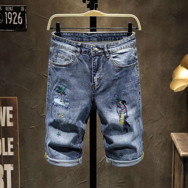 

summer blue hole embroidery 5-point denim men's fashion casual horse pants