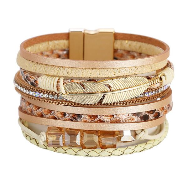 

bangle bohemian ethnic leather bracelet for women 2021 wide bracelets with feather crystal beads, Black