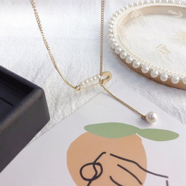 

chains personality charm paper clip safety pin pearl necklace for women stainless steel tassel pendent choker creativity jewelry gifts, Silver