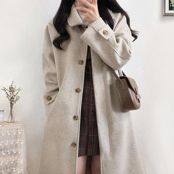 

women's trench coats uodiwa overcoats winter woolen coat middle long versatile thickened in 2021, Tan;black