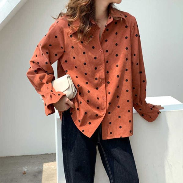 

women's blouses & shirts arrival autumn women turn-down collar long sleeve loose shirt all-matched casual polka dot corduroy voua, White