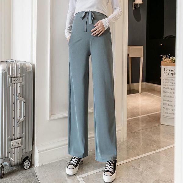 

maternity bottoms autumn wide leg belly pants solid color pleated pregnant woman abdomen trousers drawstring high waist pregnancy slacks, White