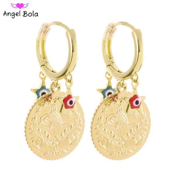 

hoop & huggie fashion five-pointed star lucky demon eye gold coin pendant women charm earrings high-end jewelry party holiday gift, Golden;silver