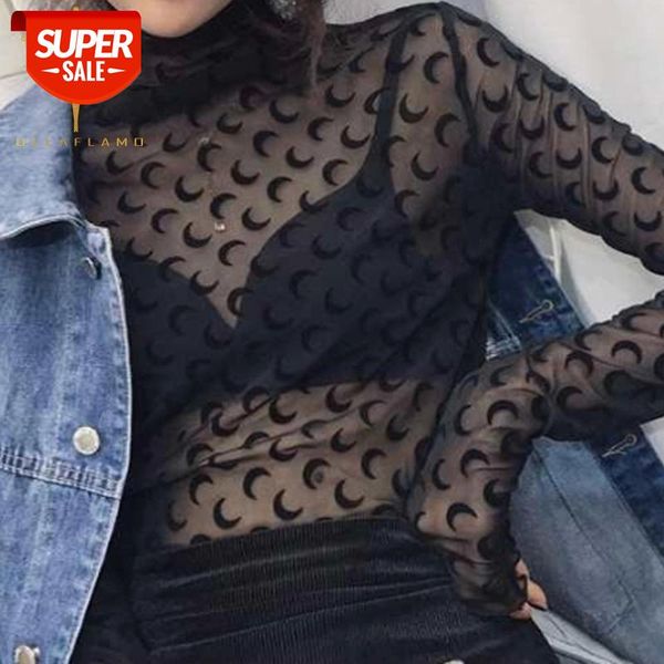 

lace female t shirt mesh see through moon t shirt women long sleeve turtleneck tshirt slim bodycon base tees #5a7j, White