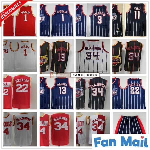 

retro vintage basketball james 13 harden jerseys hakeem 34 olajuwon tracy steve mcgrady francis yao clyde ming drexler quality, Black;red