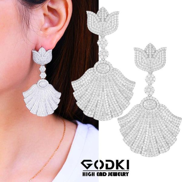 

dangle & chandelier godki luxury big lotus flowers african earrings for women wedding cubic zirconia dubai bridal earring party jewelry 2021, Silver