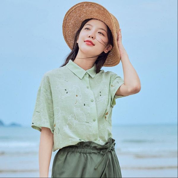 

inman 2021 summer new arrival lapel funny vintage hongkong style print loose short sleeve blouse drop shipping, White