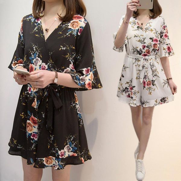 

new summer style women playsuit plus size fashion v-neck sashes slim print flower chiffon jumpsuit for women larger jumpsuits, Black;white