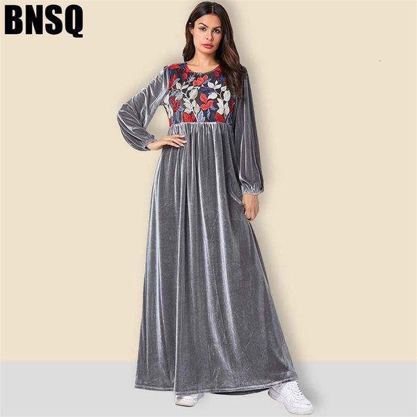 

9102 fashion large women's green plant embroidered long sleeved arab casual golden velvet dress, Black;gray