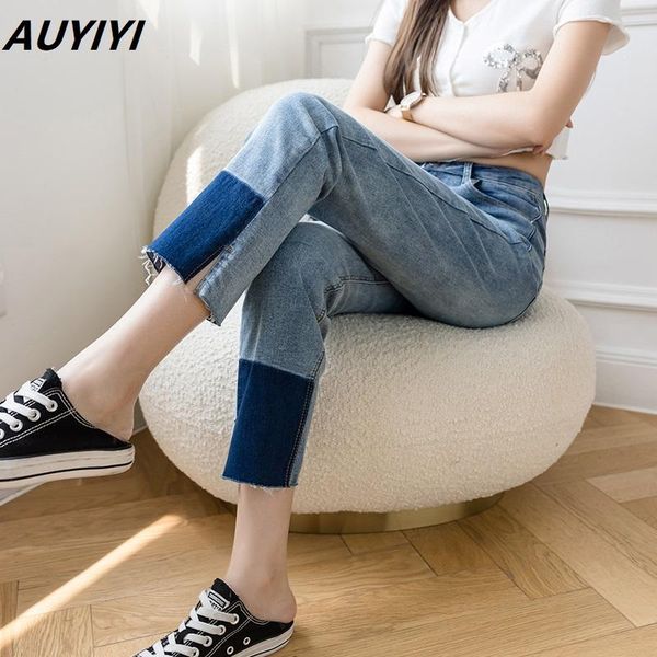 

women's jeans color-blocking split women 2021 fashion harajuku all-match thin high-waisted straight nine-point z straight-leg pants, Blue