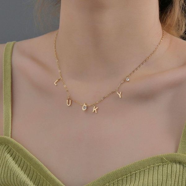 

chains 2021 arrival vintage lucky word pendant necklace stainless steel minimalist necklaces for women, Silver