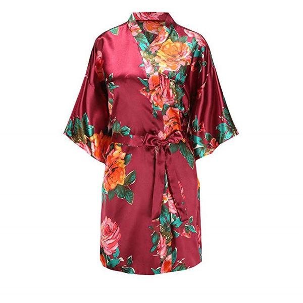 

women's sleepwear women summer satin silk short kimono vintage style bathrobe comfortable printed peony soft daily casual nightwear, Black;red