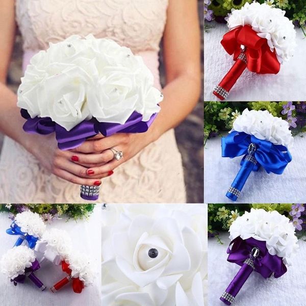 

undefined crystal rose pearl bridesmaid wedding bouquet bridal artificial silk flower blue home party decorations fast wholesale