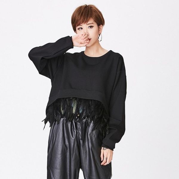 

women's hoodies & sweatshirts asymsay fashion feather removable stitching o-neck loose sweatshirt women autumn winter irregular pullove, Black