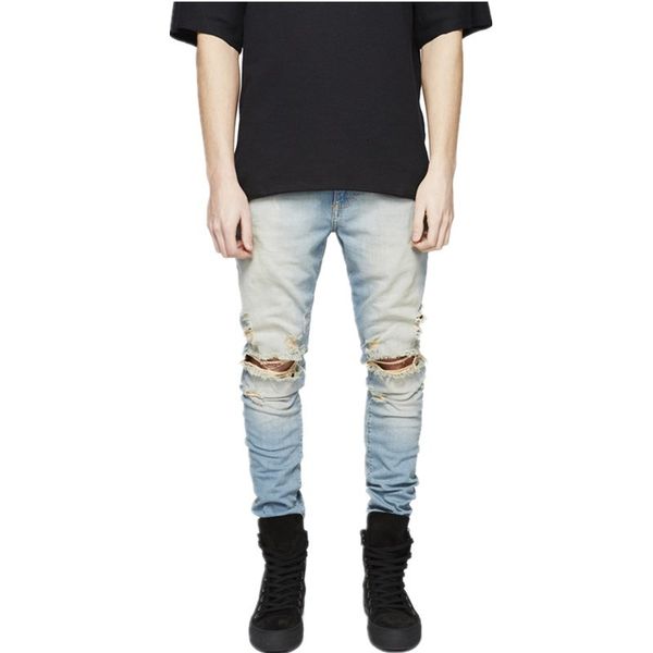 

New Masculine Fashion Pants High-street Skinny Fit Knee-hole Destruction Stretch Long Jeans 9xnc, Blue
