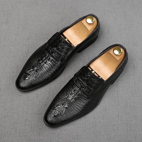 

dress shoes 2021 fashion men's pointed toe crocodile pattern flat male wedding prom homecoming zapatos hombre, Black