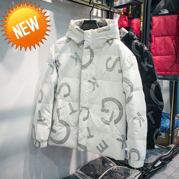 

fashion printing couple outerwear shiny down parkas winter thicken warm white duck jacket coats men hooded snow windbreaker, Black