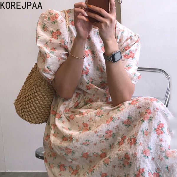 

korejpaa women dress korean chic summer french romantic elegant o-neck floral design loose bubbly bubble sleeve vestido 210526, Black;gray