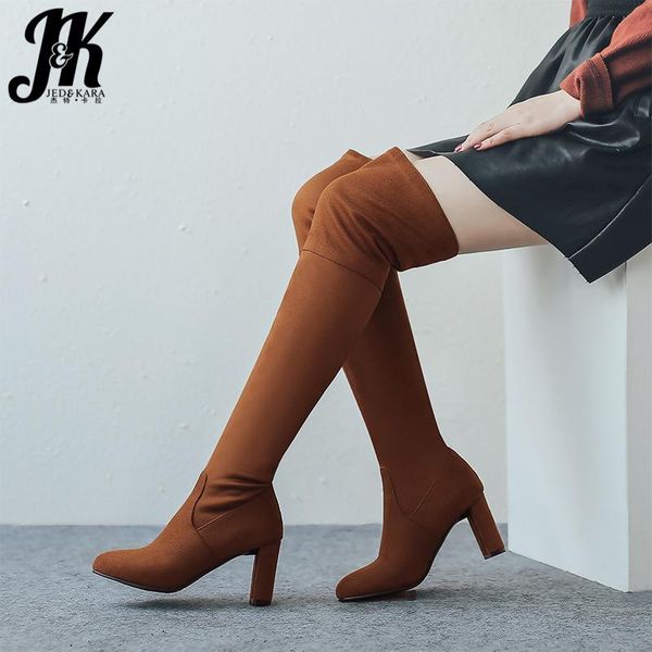 

boots jk winter stretch high heels woman pointed toe flock footwear over the knee female shoes 2021 plus size 34-48, Black