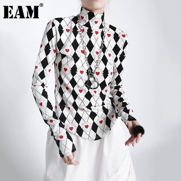 

[eam] women pattern print contrast color white t-shirt new turtleneck long sleeve fashion tide spring autumn 2021 1dd3965 210306