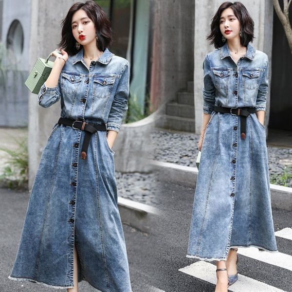 

2021 clssico new manga comprida denim feminino inverno colarinho cinto streetwear elegante vestido longo n qsir, Black;gray