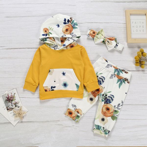 

3pcs infant baby girl boys clothes sets flowers print long sleeve hooded +pants+headband kids child outfits, White