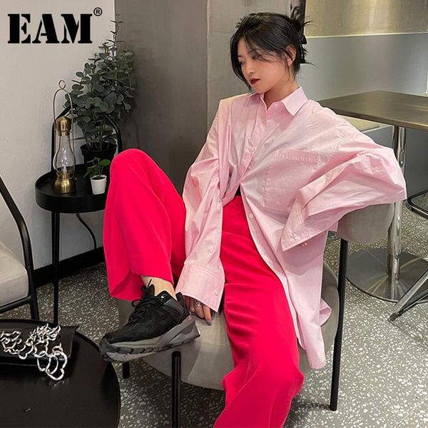 

women's blouses & shirts [eam] women pink color big size long blouse lapel sleeve loose fit shirt fashion tide spring summer 2021 1de01, White