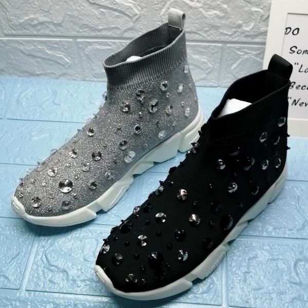 

boots ins crystal women knitting elastic autumn ankle flat shoes female pointed toe short sock boot ladies casual fashion, Black