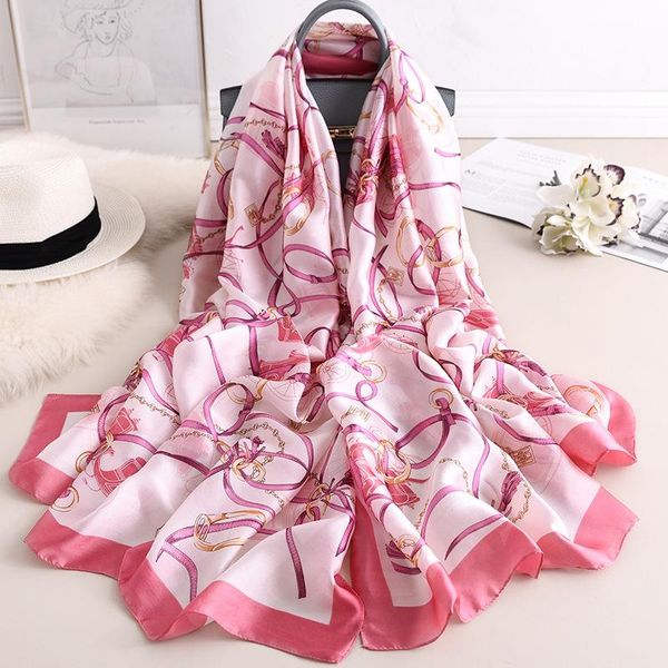 

scarves women imitation silk scarf chain print shawls office lady soft wraps female headscarf beach towel gift 90x180cm, Blue;gray